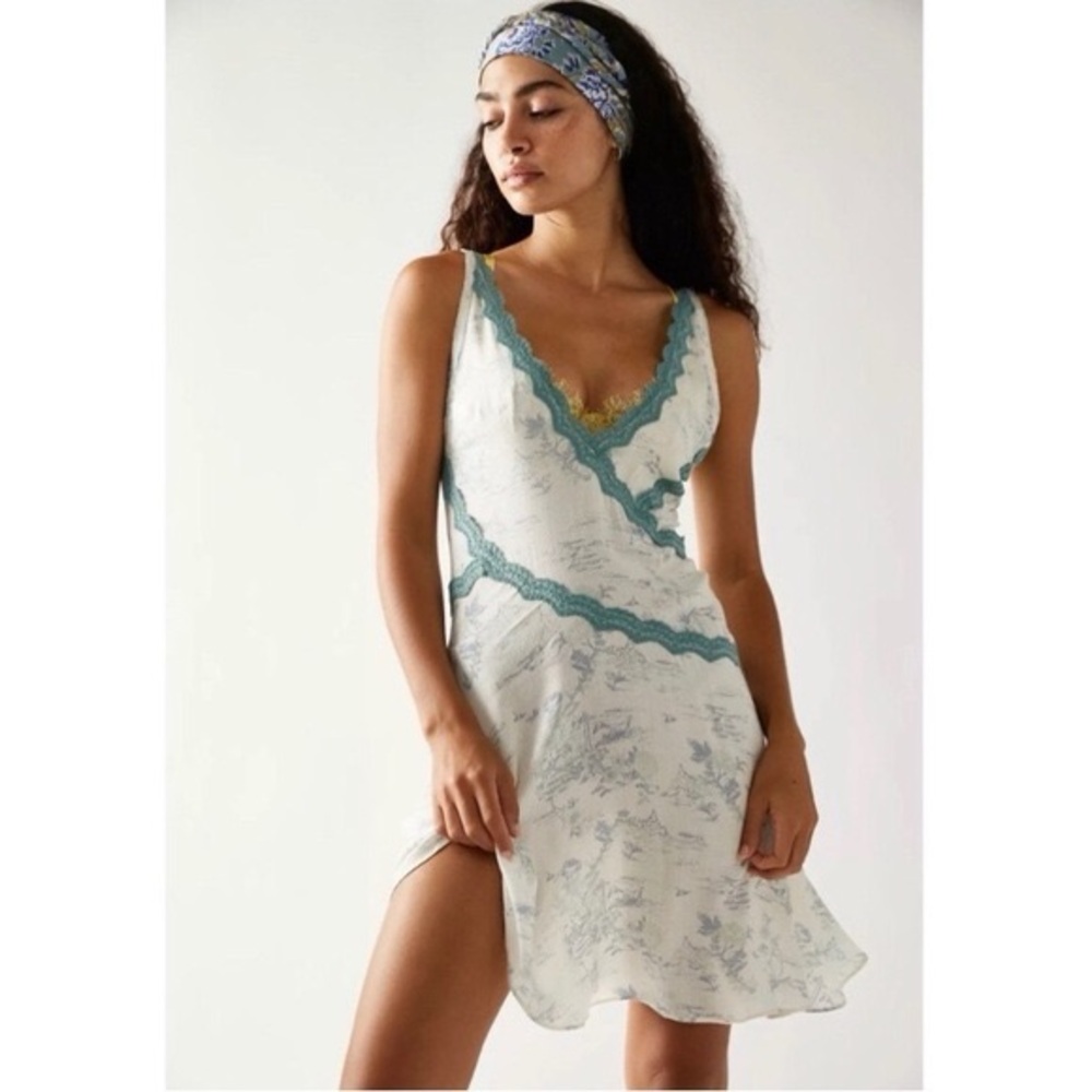 Free People Ivory Slip Dress with Teal Lace Trim